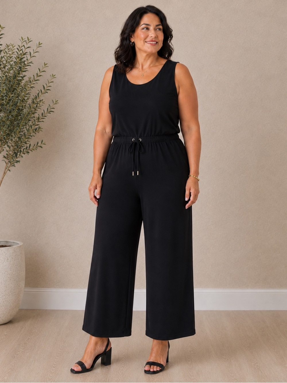 Chico’s Travelers Black Wide Leg Jumpsuit Drawstring Waist Size 3 NWT